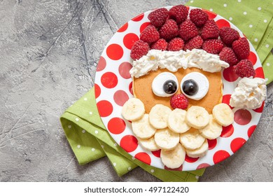 Christmas Santa Pancake With Raspberry And Banana For Kid Breakfast