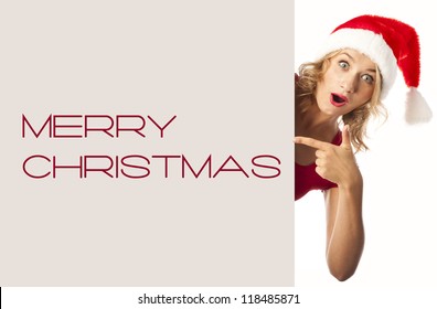 Christmas Santa woman is showing blank empty billboard. sale - Powered by Shutterstock