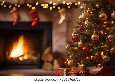 Christmas scene by the fireplace with bokeh lighting, blurred holiday backdrop. Festive home ambiance - Powered by Shutterstock