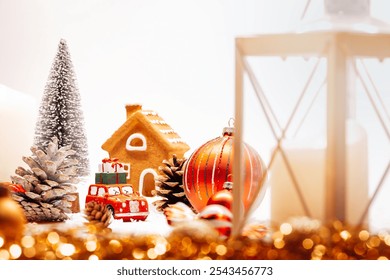 Christmas scene. Small town with a gingerbread house and a Christmas tree. A small car carries presents through the landscape of Christmas decorations - Powered by Shutterstock