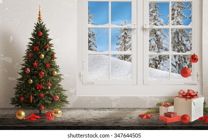 Christmas Scene With Tree And Decorations, Lights, Ornaments, Balls, Gifts. Wall And Window In Background.