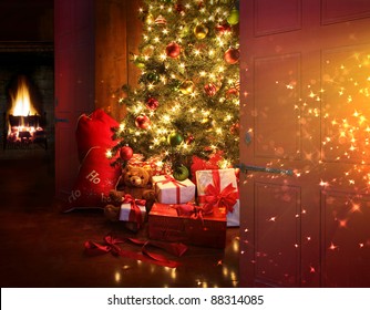 Christmas Scene With Tree  Gifts And Fire In Background