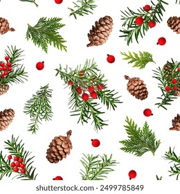 Christmas Seamless Pattern. Coniferous branches, cones, red artificial berries, thuja branches. Pattern for wrapping paper, greeting cards, invitations, fabric, prints. - Powered by Shutterstock