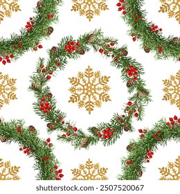 Christmas seamless pattern. Festive Christmas wreath and golden decorative snowflakes isolated on white background. Pattern for wrapping paper, greeting cards, invitations, fabric, prints. - Powered by Shutterstock