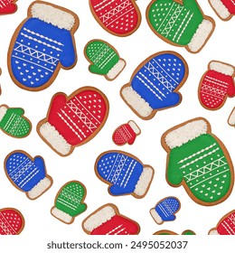 Christmas Seamless Pattern. Multi-colored gingerbread cookies in the shape of mittens isolated on white. Pattern for wrapping paper, greeting cards, invitations, fabric, prints. - Powered by Shutterstock