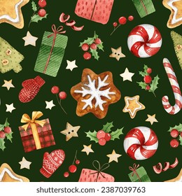 Christmas seamless pattern with red and green watercolor hand drawn elements. Gingerbread, Christmas candy, holly berries and stars on green background for printing - Powered by Shutterstock