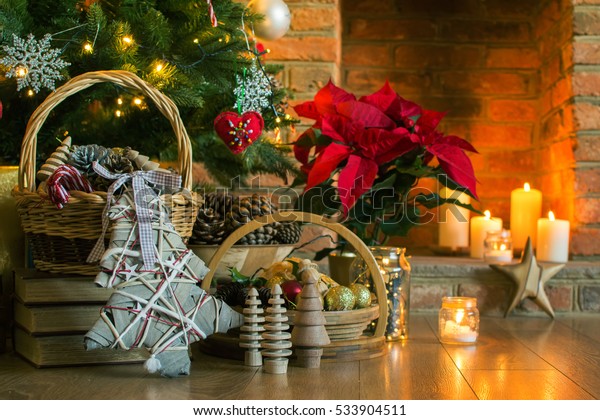 Christmas Setting Background Decorated Christmas Tree Stock Photo