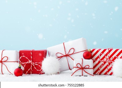 Christmas, Shopping Background With Gift Boxes In A White And Red Color.