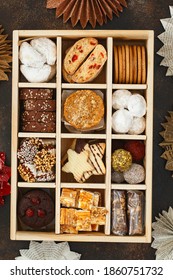 Christmas Shortbread Biscuits Cookies Assortment. Holiday Cookie Box. Assorted Christmas Homemade Cookies In Wooden Box. Sweet Biscuits In A Big Wooden Box. Christmas Dessert Table. Gift Idea