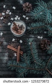 Christmas Sketch. Egg Nog.A Glass Of Milk, Cinnamon, Anise, Marshmallows, Christmas Tree Branches And Cones. Festive Decor. View From Above.