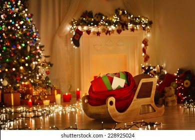 Christmas Sleigh With Bag, Sledge Sack Full Of Letters, Xmas Kids Mails, Wishes List Delivery To Santa Claus For Present Gifts Toys