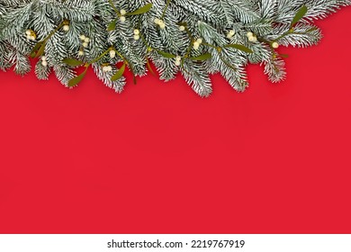 Christmas Snow Fir Mistletoe Background Border. Traditional Pagan Nature Composition For Winter Solstice, New Year Holiday Season On Red.