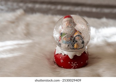 Christmas snow globe with Santa and penguin figurine on white fur background - Powered by Shutterstock