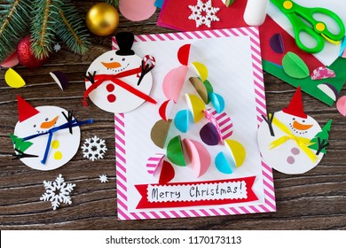 Christmas Snowman Merry Gift And Christmas Tree Card. Handmade. Project Of Children's Creativity, Handicrafts, Crafts For Kids.
