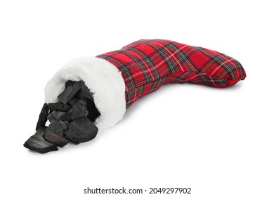 Christmas Sock With Coal On White Background