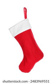 Christmas sock hanging on white background