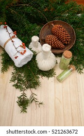 Christmas spa set on wooden background