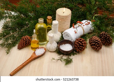 Christmas Spa Set On Wooden Background