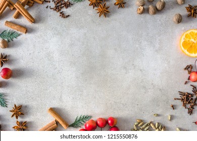 Christmas Spices Background, Frame Of Christmas Food, Flat Lay, Top View