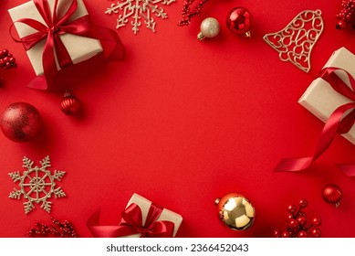 Christmas Splendor: Top view of handcrafted gift packages, trendy tree ornaments, red and gold balls, snowflake and bell accents, holly berries on red backdrop, ready for your seasonal greetings - Powered by Shutterstock