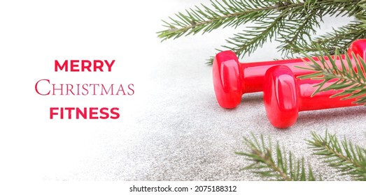 Christmas Sports Background With Red Dumbbells, Spruce Branch And With Inscription 