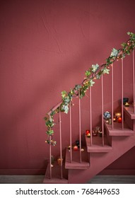 Christmas Stairs Home Style Red Wall Background Stairs Ornament