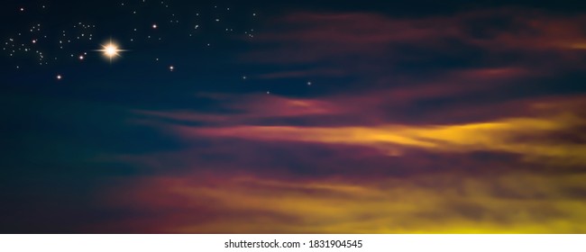 christmas star at beautiful cloudscape sky, empty christmas eve background concept with copy space, symbol for christian history