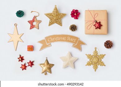 Christmas Star Decorations Collection For Mock Up Template Design. View From Above. Flat Lay