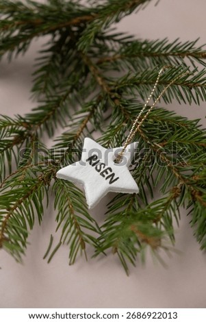 Christmas star with word RISEN Do it yourself air dry clay crafts for Christmas tree decoration holiday. Decoration gift idea Handmade children craft. Step by step instruction of painting, pressing