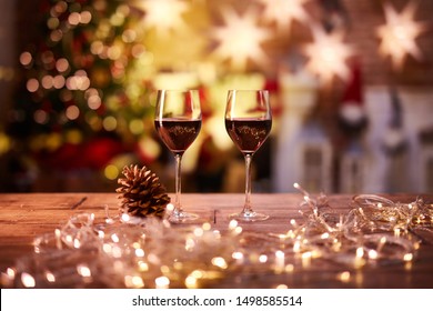 Christmas Still Life With With Glasses Of Red Wine - Cosy Winter Time.