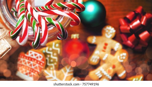 Christmas Still Life. Homemade Ginger Biscuits, Cane Candy, On A Wooden Background.