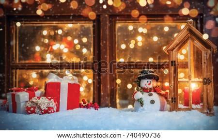Christmas still life with old wooden window. Celebration background, high resolution image