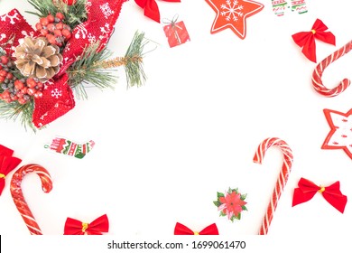 Christmas Still Life. Red Toys, Decorative Christmas Ornaments On A White Background.
Space For Copy