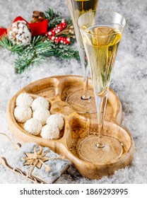 Christmas Still Life With White Chocolate Truffles, Cookies And Sparkling Wine