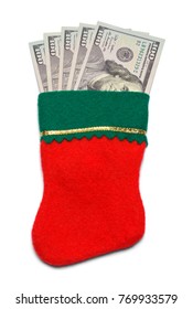 Christmas Stocking With Cash Money Isolated On A White Background.