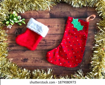 Christmas Stocking Flat Lay On A Wooden Background