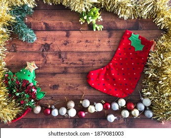 Christmas Stocking Flat Lay On A Wooden Background