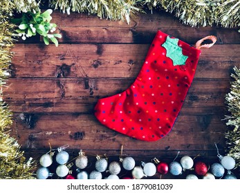 Christmas Stocking Flat Lay On A Wooden Background