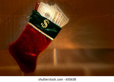 Christmas Stocking With Money Theme On A Fireplace Mantle