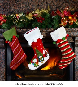 Christmas Stocking On Fireplace Background