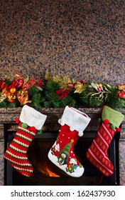 Christmas Stocking On Fireplace Background