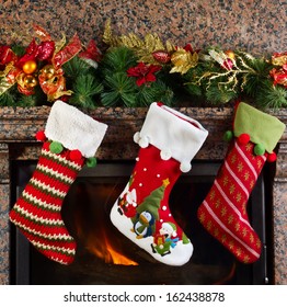 Christmas Stocking On Fireplace Background