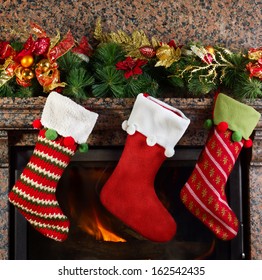 Christmas Stocking On Fireplace Background