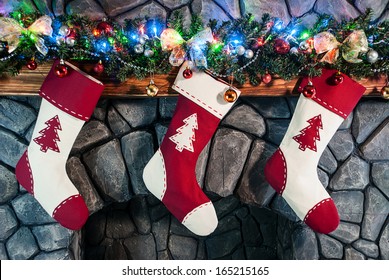 Christmas Stocking On Fireplace Background