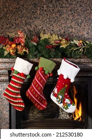 Christmas Stocking On Fireplace Background