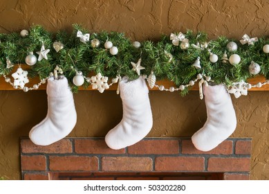 Christmas Stocking On Fireplace Background