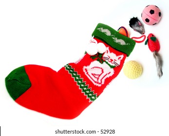 A Christmas Stocking For The Pets, With Cat Toys.