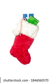 A Christmas Stocking With Stocking Stuffer Presents Isolated On White.