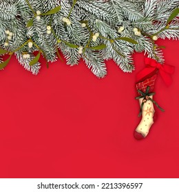 Christmas Stocking For Xmas Eve Snow Fir Background Border On Red With Retro Hanging Metal Tree Decoration. Fun Abstract Wish Believe Concept For The Holiday Season.