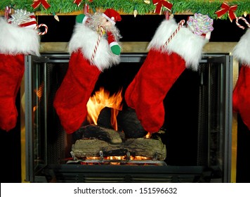 Christmas Stockings Hanging On Fireplace